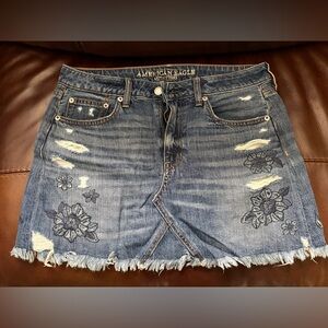 American Eagle Outfitters Dark Blue Embroidered Distressed Denim Mini Skirt